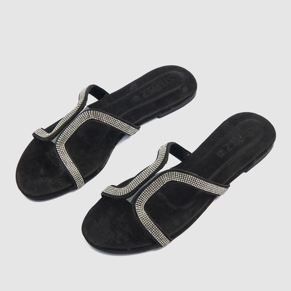 Elegant Curvy Style Gems Slides (Black)