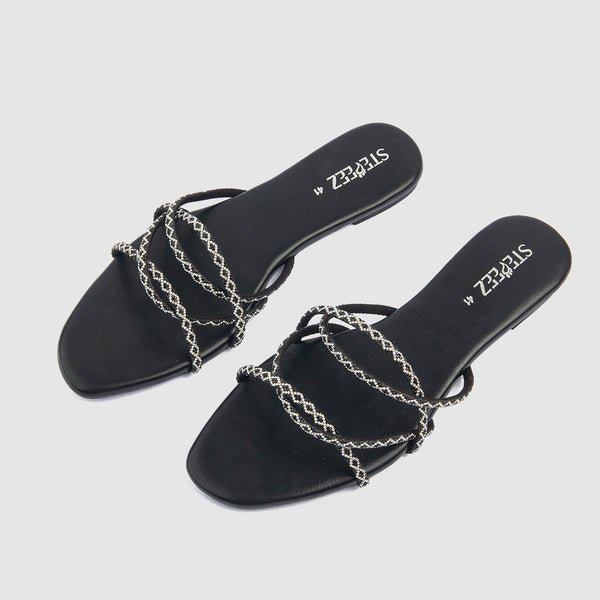 Stylish Gemstones Straps Flats (Black)
