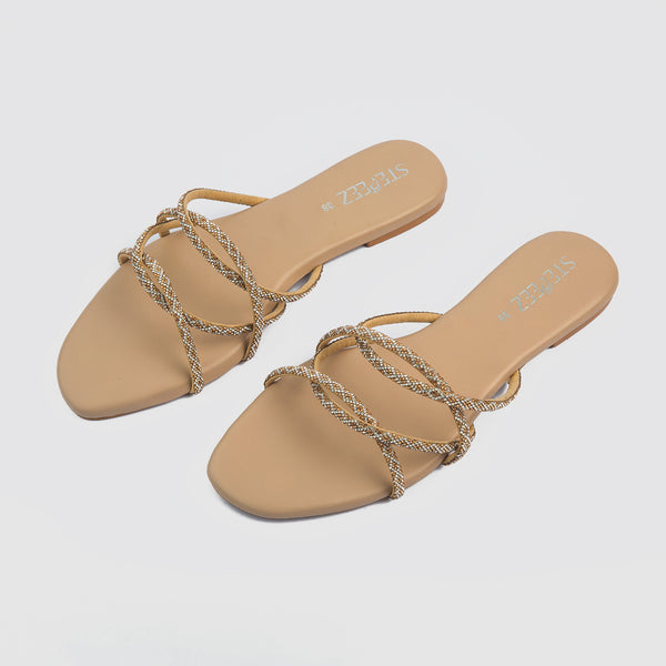 Stylish Gemstones Straps Flats (Beige)